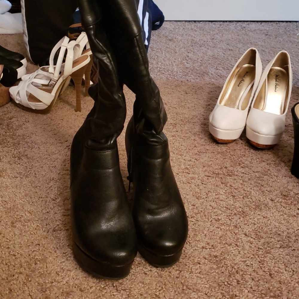 Wedge black knee high boots